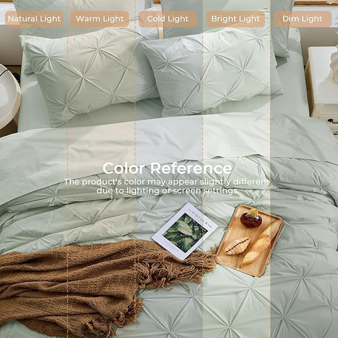 Sasttie King Size Comforter Set, 7-Piece Bed in a Bag, Pintuck Bedding Set for All Season, Includes Comforter, Flat Sheet, Fitted Sheet, Pillowcases and Pillowshams, Sage Grey