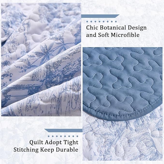 WONGS BEDDING Blue Quilt Set Twin Size, 2 Pieces Botanical Bedspreads Set Lightweight Microfiber Blue Toile Plants Pattern Coverlet Home Decor for All Seasons(86"×68")