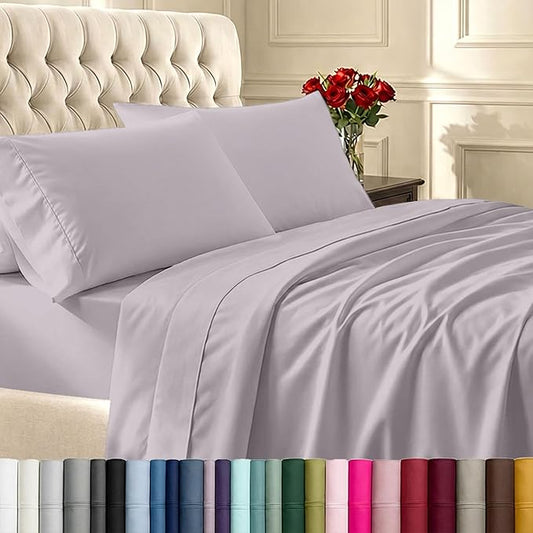 California Design Den Soft 400 Thread Count Natural 100% Cotton Sheets Sateen, King Bed Sheets Set, Deep Pockets, All-Around Elastic for a Snug Fit, Durable Bedding Set - Dusky Lavender Grey