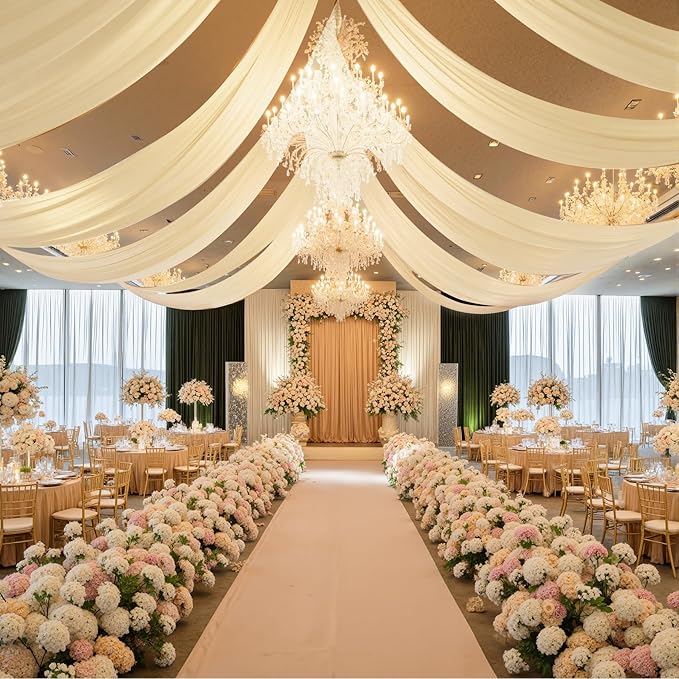 40ft×20ft Champagne Ceiling Drapes for Weddings Events Wrinkle-Free Polyester Ceiling Backdrop for Ten Canopy Church Stage Bedroom Decor 8 Panels 5×20ft