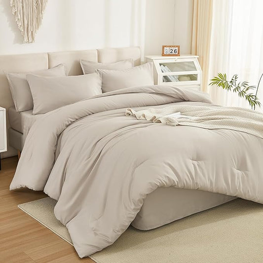 Litanika Comforter Full Size Set Tannish Grey - 7 Pieces Bed in a Bag Full Bedding Comforter Sets, Plain Lightweight Bed Set with Comforter, Sheets, Pillowcases & Shams