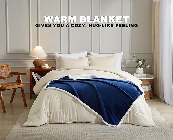 Navy Blue Twin Sherpa Fleece Blanket, Soft Fuzzy Flannel Blanket for Bed, Thick Warm Reversible Plush Blankets, Oeko-TEX Certified, Valentine’s Day Gifts, Navy Blue 60x80 Inches