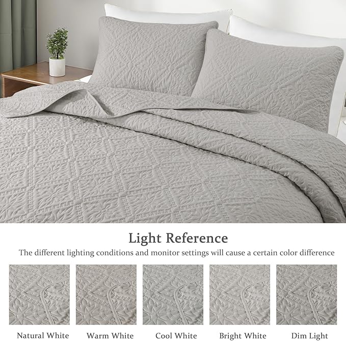 Exclusivo Mezcla Queen Quilt Bedding Set, Lightweight Soft Bedspreads Coverlets with 2 Pillow Shams, Modern Light Grey Quilts Queen Full Size for All Seasons