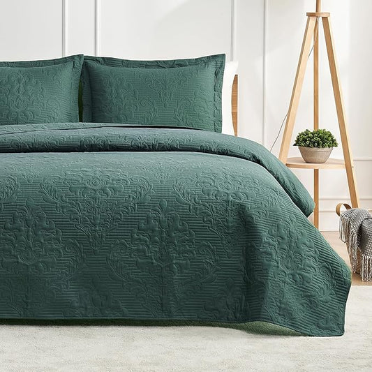Hansleep Green Quilt Queen Size - Damask Ultrasonic Summer Bedspread Queen, Soft Lightweight Coverlet Bedding Set, 3 Pieces (1 Quilt, 2 Pillow Shams)