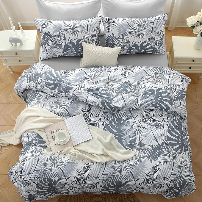 MUXHOMO Black&Grey Bed in a Bag King 7 Pieces, King Comforter Set Reversible Botanical Flowers Design, Ultra Soft & Breathable Bedding Sets with Comforter, Sheets, Pillowcases & Shams