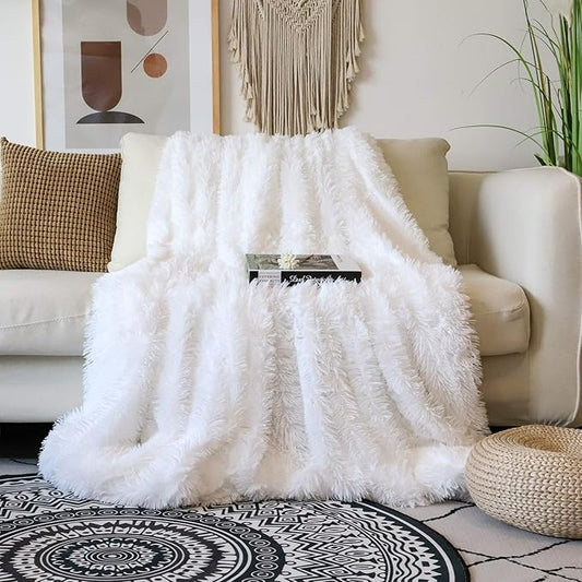 Tuddrom Decorative Extra Soft 100% Polyester Blanket Queen Size 80"x90",Solid Reversible Fuzzy Fluffy Plush Fur Blanket for Couch Sofa Bed,Pure White