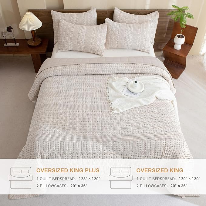 Sanracie Cotton Oversized King Bedspread (128"x120"), Oatmeal Colored Waffle Weave Quilted Set Extra Wide Farmhouse Aesthetic Bedding Set 3Pcs Soft Breathable Bedding Coverlet for All Season