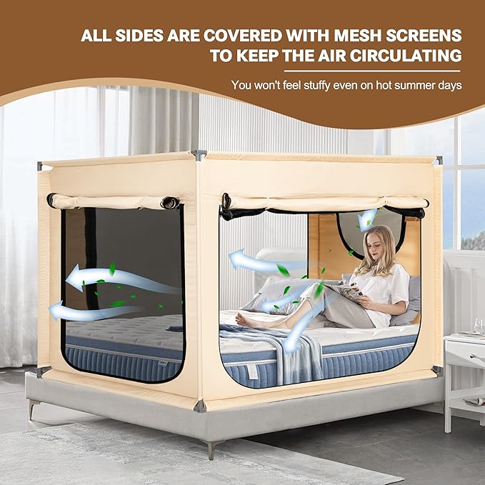Full Bed Canopy Portable Blackout Bed Tent Privacy Tent for Adult Indoor Sleeping with 3 Doors, Storage Bag, Khaki