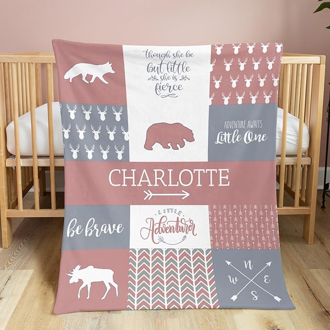 Customzed Baby Blanket for Girls Super Soft Double Layer with Dotted Backing, Receiving Blanket with Cute Woodland Multicolor Printed Blanket Brick Dust 40 x 50 Inch