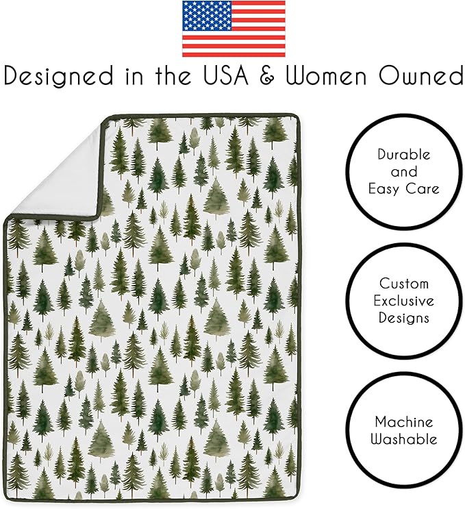 Sweet Jojo Designs 4-Piece Baby Crib Bedding Set (Sage Green Woodland) for Boys/Girls, Infants/Nursery incl. Blanket, Fitted Sheet, Skirt, Diaper Stacker (Forest Themed, Nature, Pine Tree, Abstract)