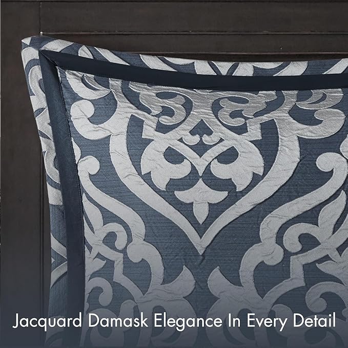 Madison Park Odette Cozy Comforter Set Jacquard Damask Medallion Design - Modern All Season, Down Alternative Bedding, Shams, Decorative Pillows, Cal King(104 in x 92 in), Navy 8 Piece