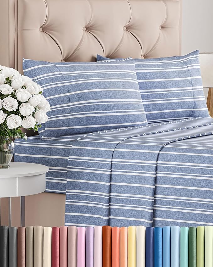 Cal King Size 4 Piece Sheet Set - Comfy Breathable & Cooling Bed Sheets Set - Hotel Luxury Bedding for Women, Men, Kids, Teens, Boys & Girls - Deep Pockets & Wrinkle Free - Oeko-Tex - Blue Stripes 3