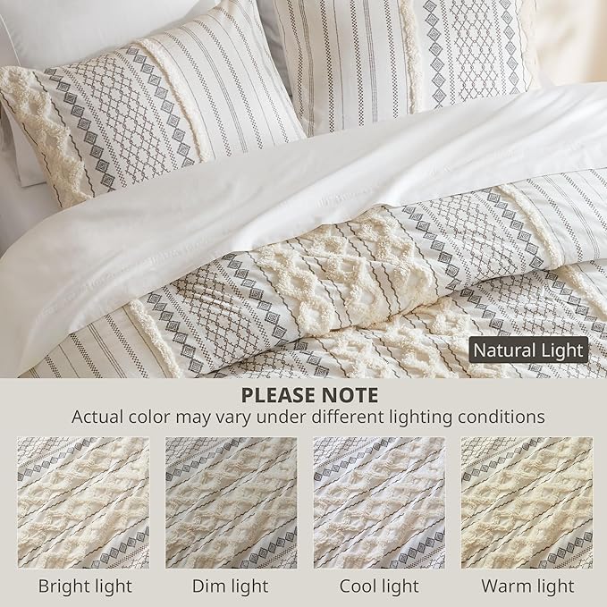 INK+IVY Imani 100% Cotton Duvet Mid Century Modern Design, All Season Comforter Cover Bedding Set, Matching Shams, Full/Queen, Ivory Chenille Tufted Accent 3 Piece