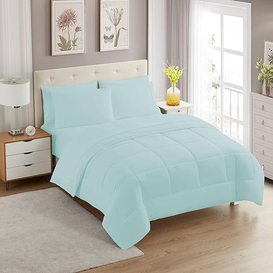 Sweet Home Collection 7 Piece Comforter Set Bag Solid Color All Season Soft Down Alternative Blanket & Luxurious Microfiber Bed Sheets, Aqua, Full