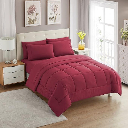 Sweet Home Collection 7 Piece Comforter Set Bag Solid Color All Season Soft Down Alternative Blanket & Luxurious Microfiber Bed Sheets, Burgundy, Twin XL