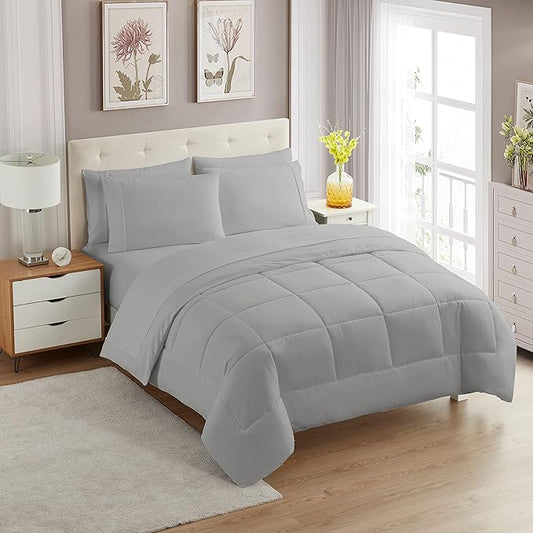 Sweet Home Collection 7 Piece Comforter Set Bag Solid Color All Season Soft Down Alternative Blanket & Luxurious Microfiber Bed Sheets, Silver, Queen