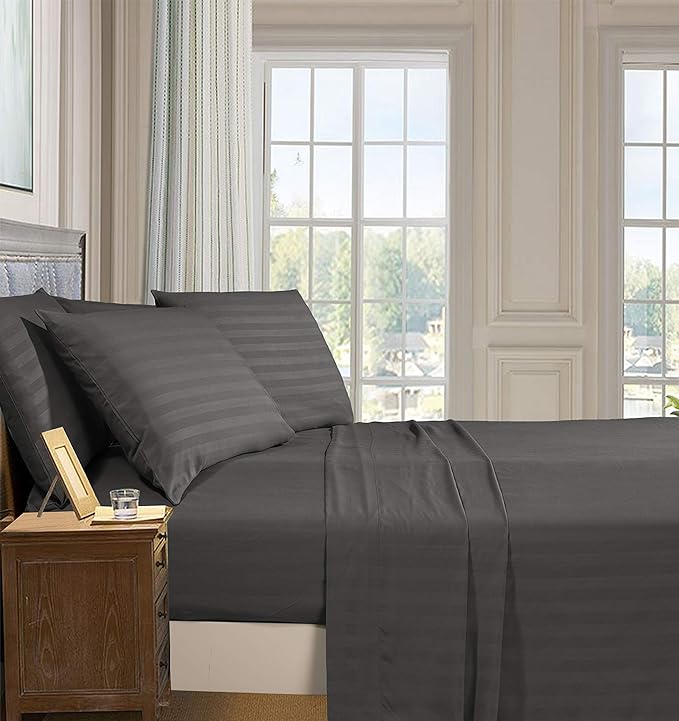Elegant Comfort Softest and Coziest 4-Piece Sheet Set - 1500 Premium Hotel Quality Microfiber - Luxurious Wrinkle Resistant 4-Piece Damask Stripe Bed Sheet Set, Twin, Grey