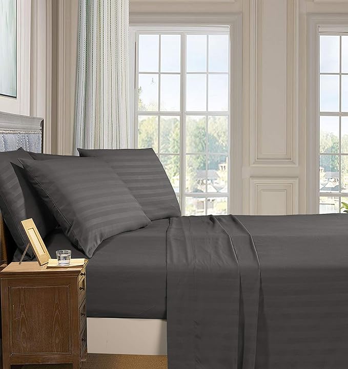 Elegant Comfort Best, Softest, Coziest 6-Piece Sheet Sets! - 1500 Premier Hotel Quality Luxurious Wrinkle Resistant 6-Piece Damask Stripe Bed Sheet Set, Queen Grey
