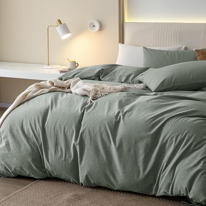 JIYUAN 100% Washed Cotton Duvet Cover Set 3 PCS Super King Plus, 1 Duvet Cover 120x120 Inches(Comforter Not Included) and 2 Pillowcases,Linen Feel Bedding Set Comfy and Breathable, Heathered Green
