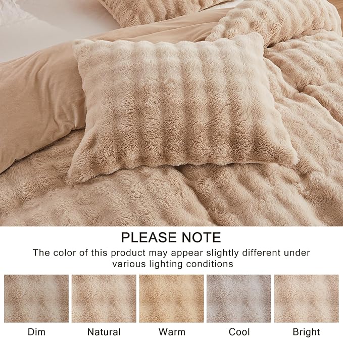 EMME Faux Fur Duvet Cover King Size, 3 Pieces Ultra Soft Fluffy Comforter Cover, Cozy Warm for Winter, Luxury Elegant Shaggy Bubble Design Bedding, 1 Duvet Cover & 2 Pillow Shams (King, Beige)