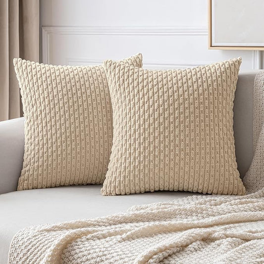 MIULEE Pack of 2 Decorative Throw Pillow Covers 18x18 Inch Soft Boho Striped Textured Corduroy Pillow Covers Modern Farmhouse Home Decor for Couch Bed Sofa Living Room Beige