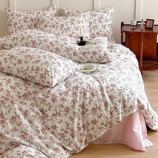 HighBuy Aesthetic Floral Duvet Cover Queen Size 3 Piece Soft Cotton Pink Floral Bedding Set Queen,Garden Coquette Comforter Cover Breathable,Boho Beige Duvet Cover Queen,2 Pillowcases