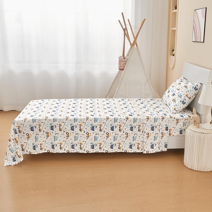 Kids Sheet Set Twin Size 3 Pcs, Boys Sheet Set with Blue Excavator Car Pattern，Kids Boys Twin Fitted Sheet，Breathable & Silky Soft Microfiber Fitted Sheet