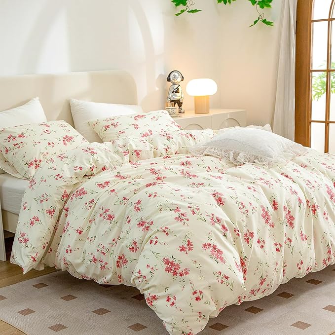 CottonLife King Size Duvet Cover, 100% Brushed Microfiber 3 Pieces King Floral Bedding Sets, Red Floral Chic Garden Style Floral Pattern Printed King Duvet Set with Zipper Closure