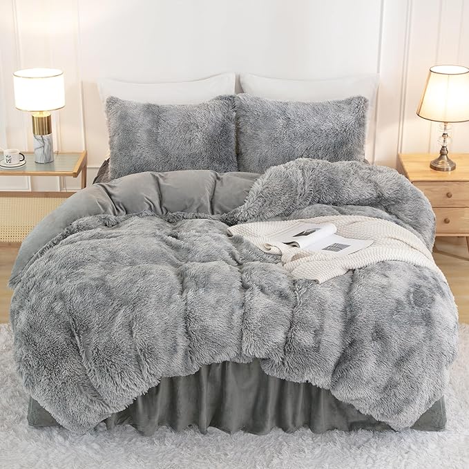 annadaif Plush Shaggy Duvet Cover, Tie Dye Gray White Fluffy Comforter Cover Set Full Size, Fuzzy Faux Fur Bedding Set with Zipper Closure, Luxury Ultra Soft 3 Pieces (1 Duvet Cover, 2 Pillowcases)