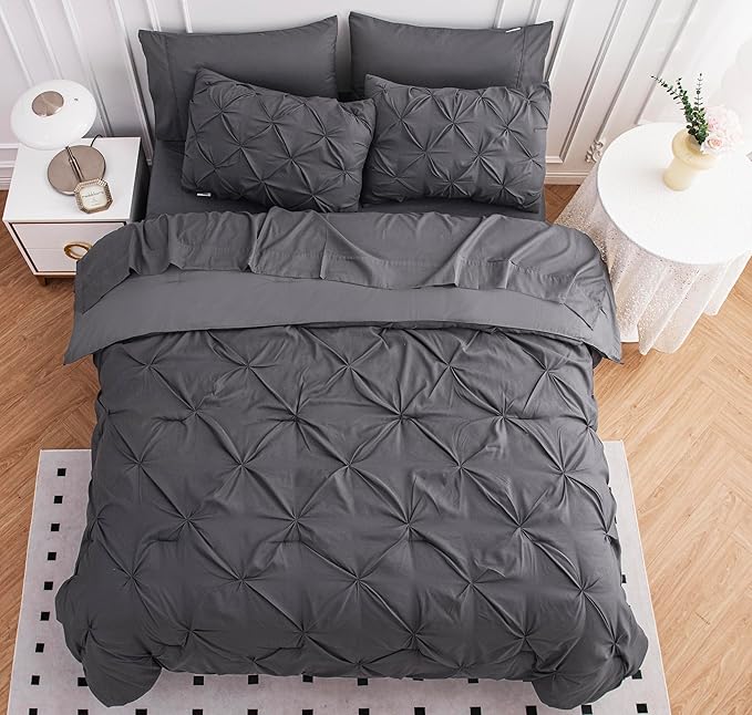 LANE LINEN Twin XL Comforter Set – 5 Piece Hotel-Style Pintuck Bed in a Bag - Comforter, Flat Sheet, 14" Deep-Pocket Fitted Sheet, Pillowcase & Sham – Super Soft, Machine Washable Dorm Bedding – Grey | Super soft fabric, Deep pocket sheet, Machine wash...