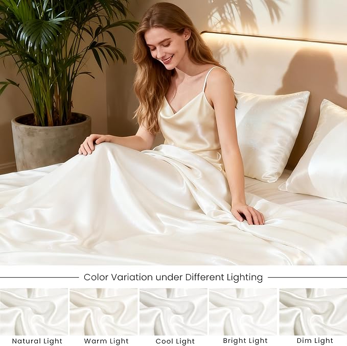 Love's cabin California King Satin Sheet Sets - 4 Piece Ivory Silky Sheets Bed Set with Deep Pocket, Luxury Silk Feel Satin Cal King Sheet Set (1 Flat Sheet,1 Fitted Sheet,2 Pillow Cases)