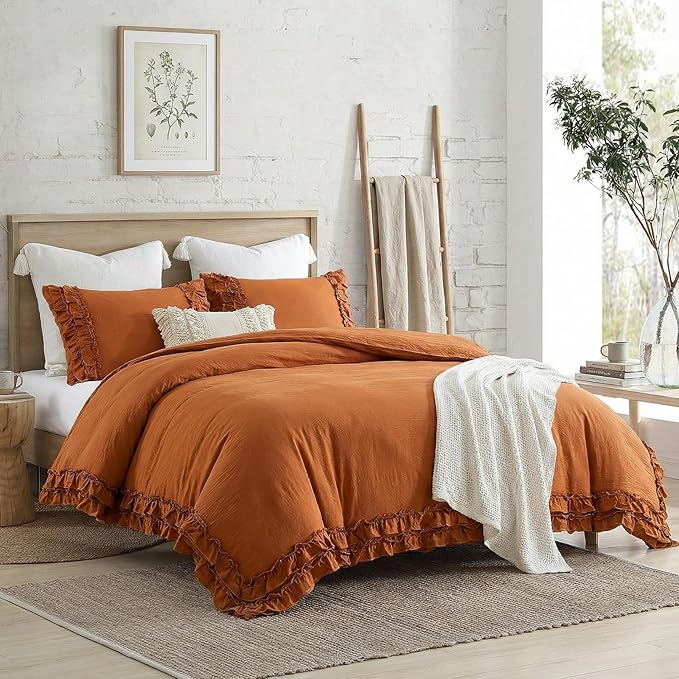 Bedorm Ruffled Queen Duvet Cover Burnt Orange Bedding Set Rust Lace Ruffle Boho Chic Bedroom Decor Super Soft Breathable Pumpkin Duvet Cover Set French Country Style