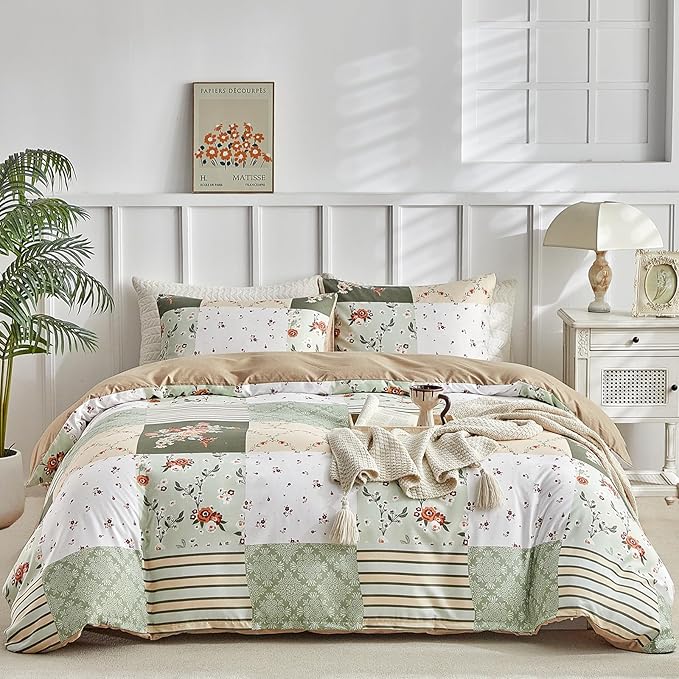 Lekesky King Size Duvet Cover Set, Patchwork Floral 3 Pieces Reversible Green Duvet Cover Set, Ultra-Soft Microfiber 3 Pieces Comforter Cover with Zipper and Corner Ties, Includes 2 Pillowcases