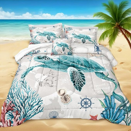 Bedbay Coastal Bedding Set Queen Size for Girls Boys - Soft Lightweight Ocean Bedding Quilt Set - Beach Room Decor 4 Pcs Retro Turtle Beach Theme Duvet Insert