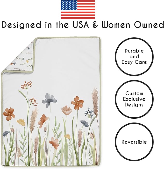 Sweet Jojo Designs 4-Piece Baby Crib Bedding Set (Green Boho Floral) for Girls, Infants/Nursery incl. Blanket, Fitted Sheet, Skirt, Diaper Stacker (Flower, Garden, Bohemian, Farmhouse, Wildflower)