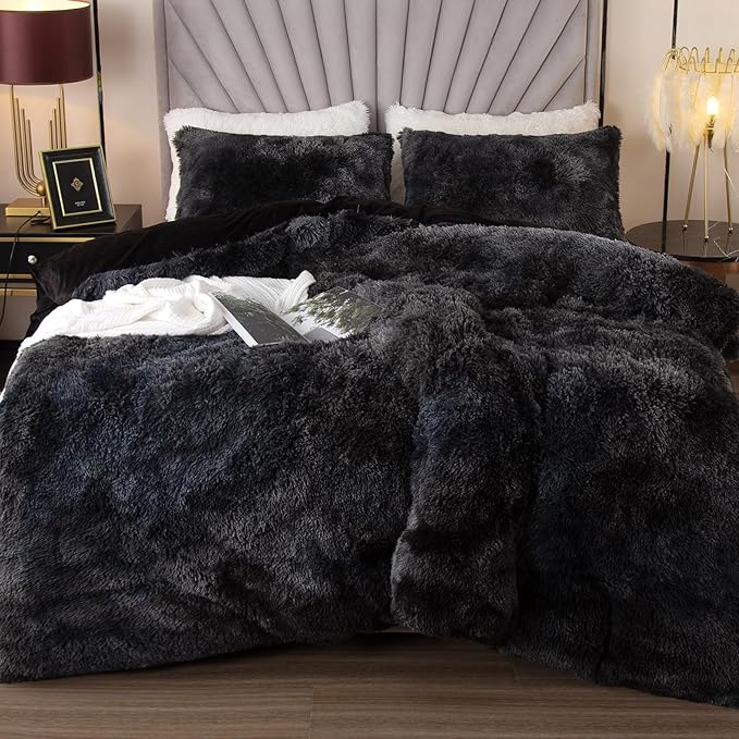 EMME Luxury Fuzzy Duvet Cover Set King Size Fluffy Comforter Cover Set for King Bed 2 Pieces Shaggy and Plush Soft Bedding Duvet Covers (Tie Dye Black, King)