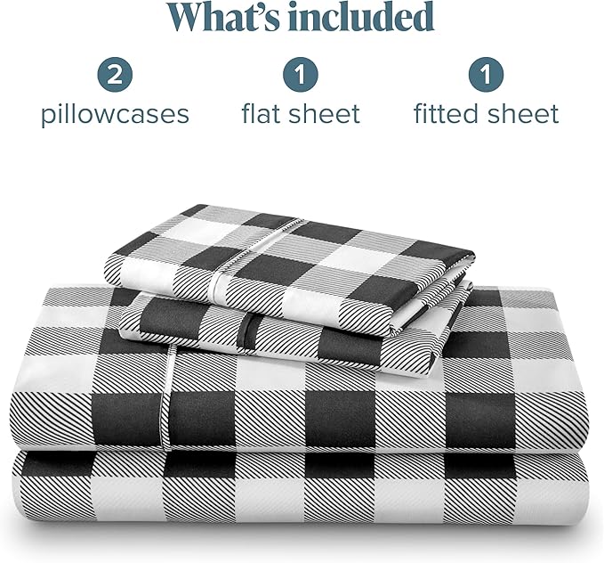 Bare Home Queen Sheet Set - Luxury 1800 Ultra-Soft Microfiber Double Brushed - Deep Pockets - Easy Fit - 4 Piece Set & Pillowcases (Queen, Buffalo Plaid - White/Black)