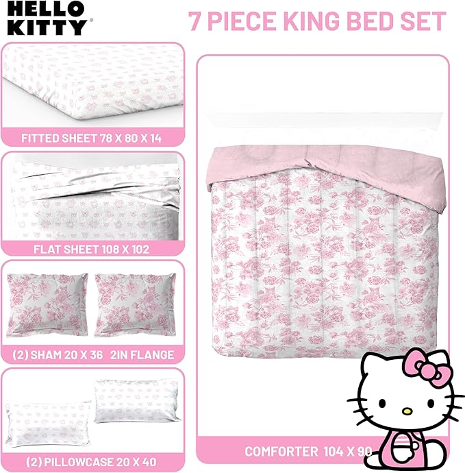 Jay Franco Comforter Set Includes Sheets and Pillow Covers - Soft and Cozy Bed Set for Stylish Room Decor, Official Licensed Bedding, Multi - Hello Kitty, 7 Piece King