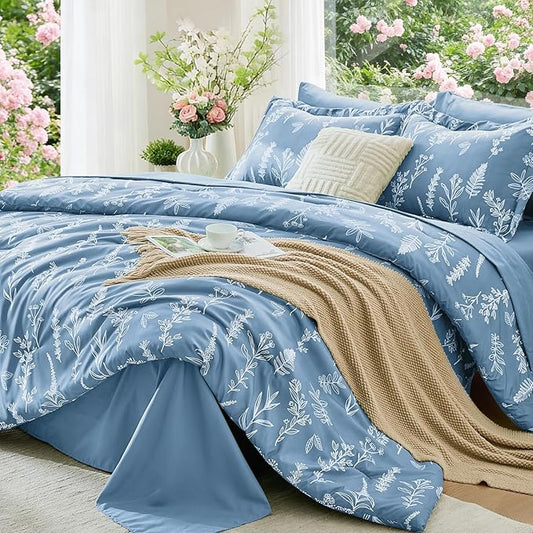 MUXHOMO Ice Blue Full Comforter Set, Elegant Floral Print Bed in a Bag 7 Pieces, Ultra Soft & Breathable Reversible Botanical Pattern Bedding Set with Comforter, Sheets, Pillowcases, and Shams