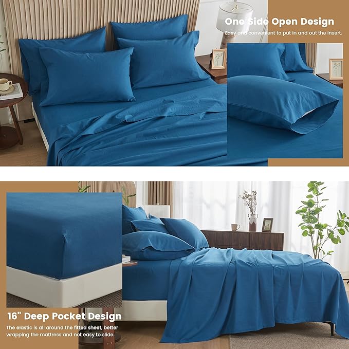 Simple&Opulence Belgian Linen Sheet Set Solid Color - 6 Pieces (1 Flat Sheet & 1 Fitted Sheet & 4 Pillowcases) 16" Deep Pocket Natural Flax Cotton Blended Soft Bedding - Navy Blue, King Size