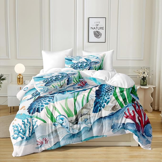 Bedbay Turtle Comforter Set King Size Ocean Theme Bedding for Boys Teen Girls Sea Turtle Coral Coastal Bedding Set Soft Cozy Lightweight Quilt 4-Piece 1 Comforter 2 Pillowcases 1 Cushion Cover
