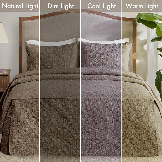 Madison Park Quebec Split Corner Quilted Bedspread Classic Traditional Design All Season, Lightweight, Bedding Set, Matching Shams, Queen, Damask Quilted Khaki 3 Piece
