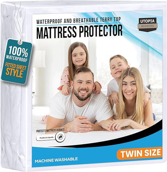 Utopia Bedding Waterproof Mattress Protector Twin Size, Premium 200 GSM Terry Mattress Cover, Soft & Breathable Bed Cover, Fitted Sheet Style with Stretchable Deep Pockets 15" (White)