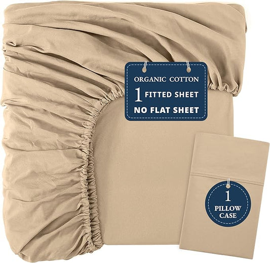 LANE LINEN 100% Organic Cotton Linen Twin Fitted Sheets, 2-Piece Set (1 Fitted Sheet, 1 Pillowcase), Percale Weave, Ultra Soft, Breathable, Fits Mattress Upto 15' Deep - Linen (No Flat Sheet)