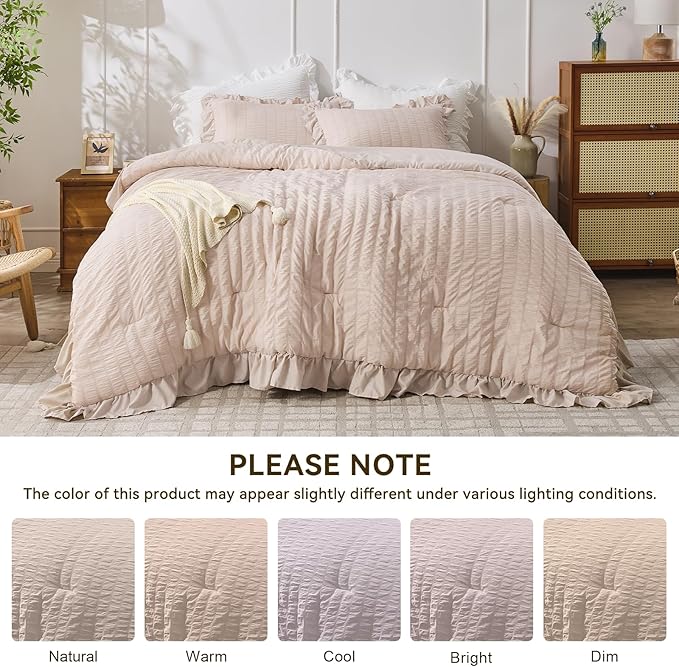 JOLLYVOGUE Beige King Comforter Set, 3 Pieces Seersucker Comforters King Size, Lightweight & Fluffy Bedding Sets for All Season with 1 Ruffle Comforter and 2 Ruffle Pillowshams