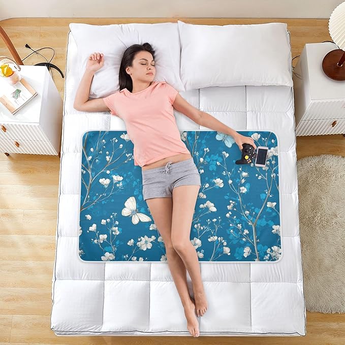 Waterproof Bed Pad Reusable Changing Pad Toddler Mattress Protector Large Pee Pad Baby Diaper Pad Soft Washable Liner Deep Blue Floral Butterfly