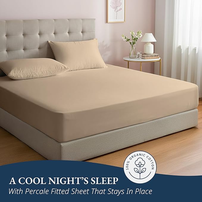 LANE LINEN Queen Fitted Sheet & 2 Pillowcases, 100% Organic Cotton, Percale Weave, Soft & Breathable, Fits Mattress Up to 15" Deep - Linen (No Flat Sheet)