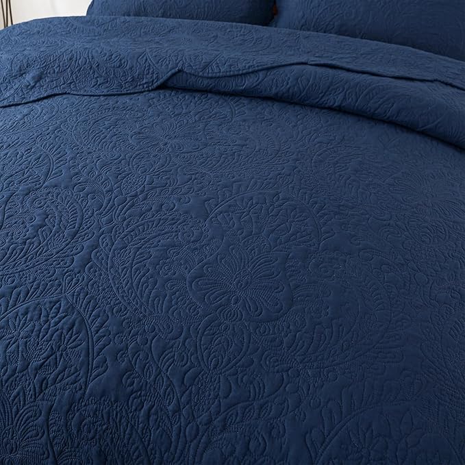 HoneiLife Queen Quilt Bedding Set - Microfiber Quilt Sets for Queen Bed, 3-Piece Lightweight Bedspreads,Reversible Coverlets Rustic Bedlinen Sets, Floral Bedding Set All Season Quilts-Navy