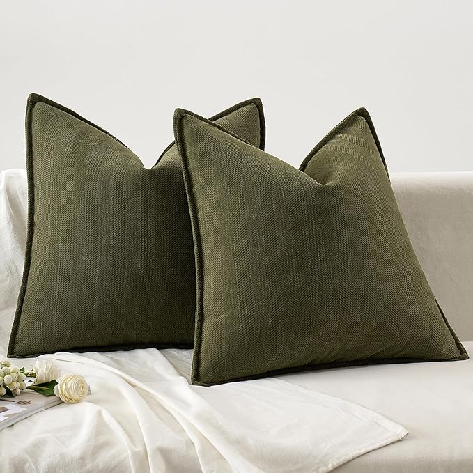 MIULEE Pack of 2 Olive Green Decorative Pillow Covers 16x16 Inch Soft Chenille Luxurious Couch Throw Pillows Farmhouse Cushion Covers with Elegant Design for Sofa Bedroom Living Room Home Decor