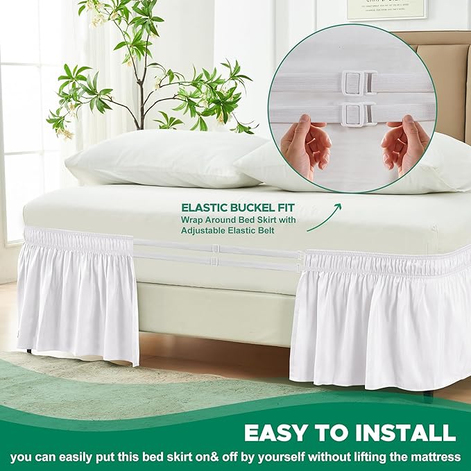 Biscaynebay Wrap Around Bed Skirts for Full & Full XL Beds Extra Long Drop of 25", White Adjustable Elastic Dust Ruffles Easy Fit Wrinkle Resistant Silky Luxurious Fabric Machine Washable